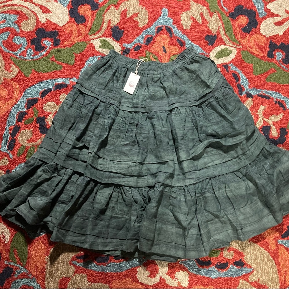 Linennaive L Tiered Midi Skirt. 100% Linen Skirt. Green Teal. Pockets.